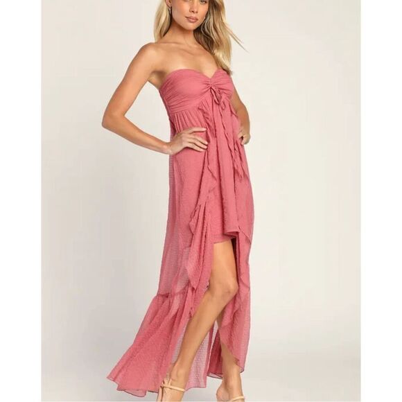 NWT Lulus Airy Aura Rusty Rose Strapless Ruffled High-Low Dress Size XS - Picture 13 of 13